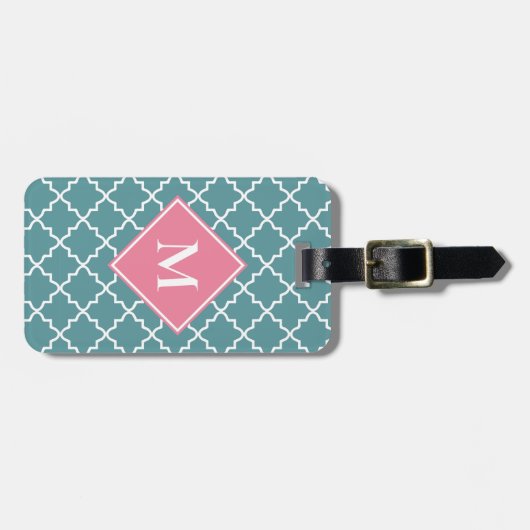Roze Turquoise Quatrefoil Patroon Custom Monogram Bagagelabel (Voorkant horizontaal)