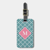 Roze Turquoise Quatrefoil Patroon Custom Monogram Bagagelabel (Voorkant verticaal)