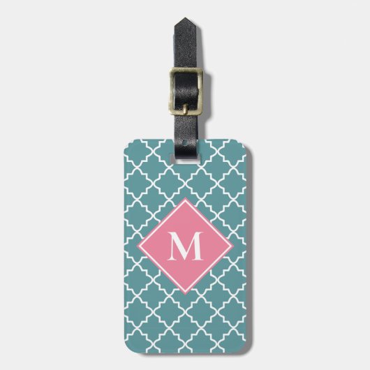 Roze Turquoise Quatrefoil Patroon Custom Monogram Bagagelabel (Voorkant verticaal)