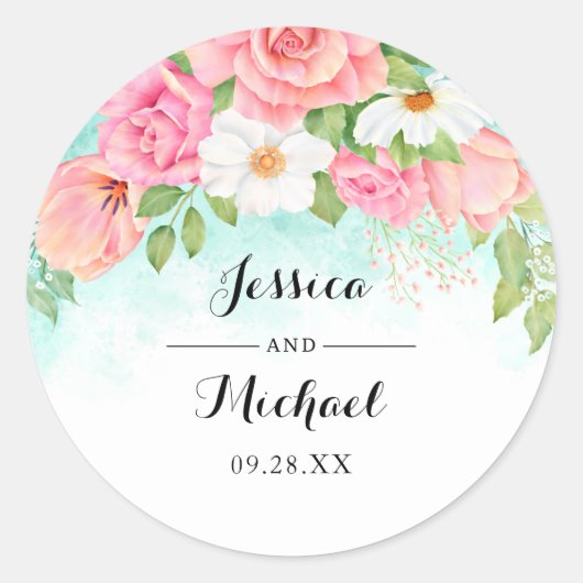 Roze Turquoise Rich Floral Bouquet Roos Wedding Ronde Sticker (Voorkant)