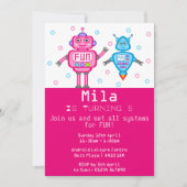 Roze & Turquoise Robots Verjaardagsfeestuitnodigin Kaart (Voorkant)