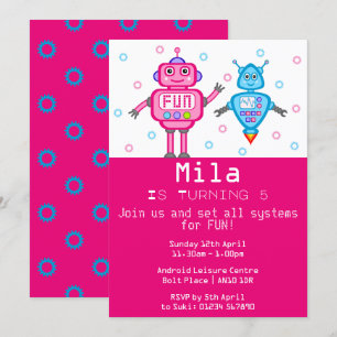 Roze & Turquoise Robots Verjaardagsfeestuitnodigin Kaart