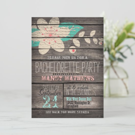 Roze & Turquoise Rustiek Hout Bachelorette Party Kaart (Staand voorkant)