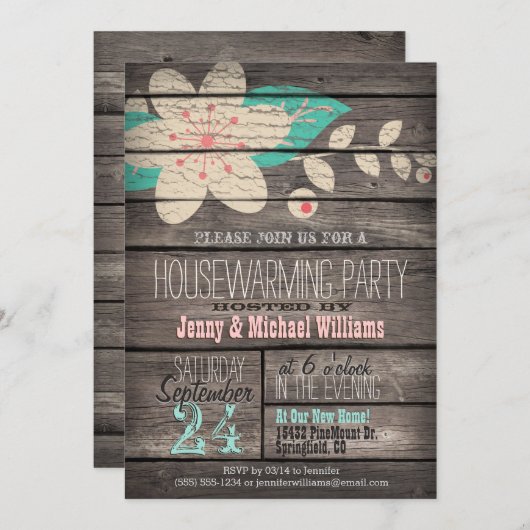 Roze & Turquoise Rustiek Hout Housewarming Party Kaart (Voorkant / Achterkant)