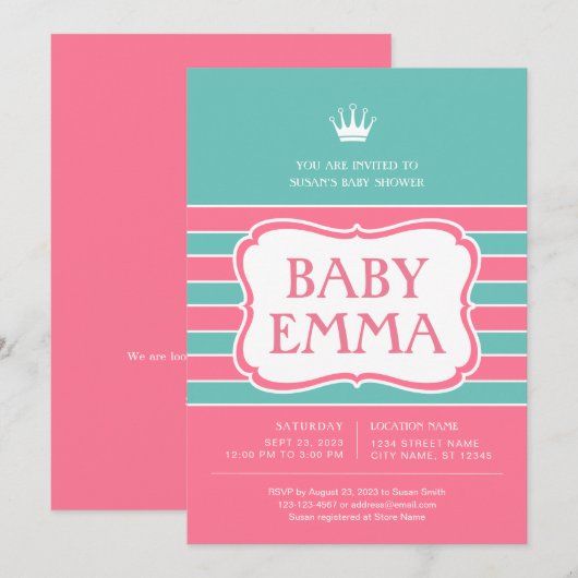 Roze Turquoise Strepen Baby shower Invitation Kaart (Voorkant / Achterkant)
