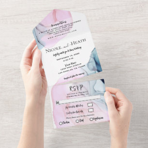 Roze & Turquoise Witte Aquarel Chic Modern Trouwen All In One Uitnodiging