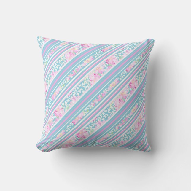 Roze, turquoise, witte rozen en gestreepte kussen (Voorkant)