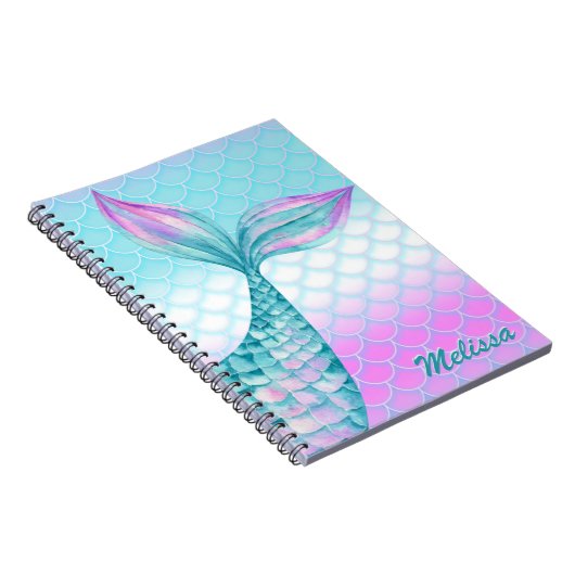 Roze Turquoise Zeemeerminnenstaart Schubben Persoo Notitieboek (Rechterzijde)