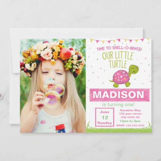 Roze Turtle Birthday Uitnodiging met foto (Voorkant)
