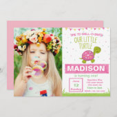 Roze Turtle Birthday Uitnodiging met foto (Voorkant / Achterkant)