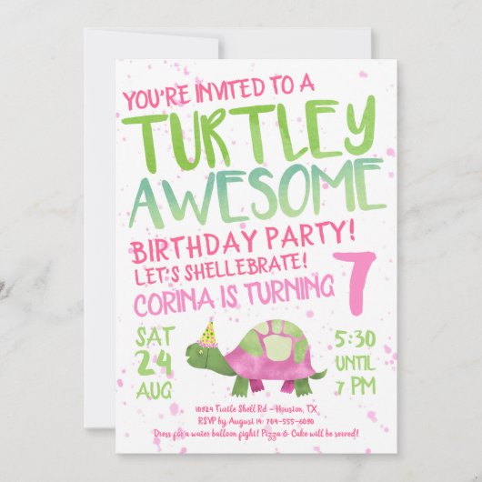 Roze Turtle Tortoise Verjaardagsfeest Uitnodiging (Voorkant)