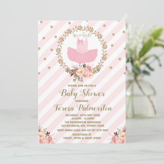 Roze Tutu Baby shower Uitnodiging Ballerina Ballet (Staand voorkant)