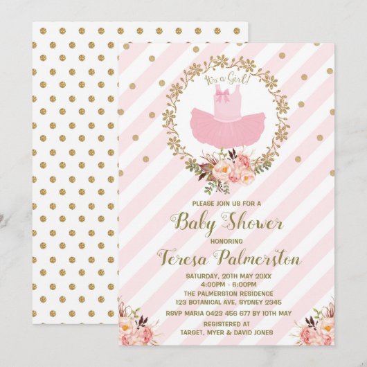 Roze Tutu Baby shower Uitnodiging Ballerina Ballet (Voorkant / Achterkant)