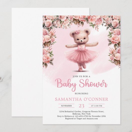 Roze tutu ballerina meisje teddybeer blush rozen kaart (Voorkant / Achterkant)