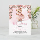 Roze tutu ballerina meisje teddybeer blush rozen kaart (Staand voorkant)