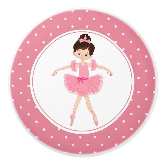 Roze Tutu Ballerina Polka Dot Keramische Knop (Voorkant)