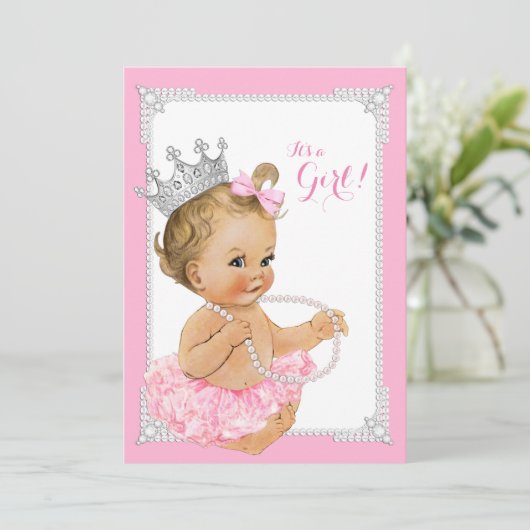 Roze Tutu Ballerina Roze Parel Baby Meisje Douche Kaart (Staand voorkant)