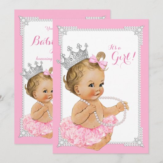 Roze Tutu Ballerina Roze Parel Baby Meisje Douche Kaart (Voorkant / Achterkant)