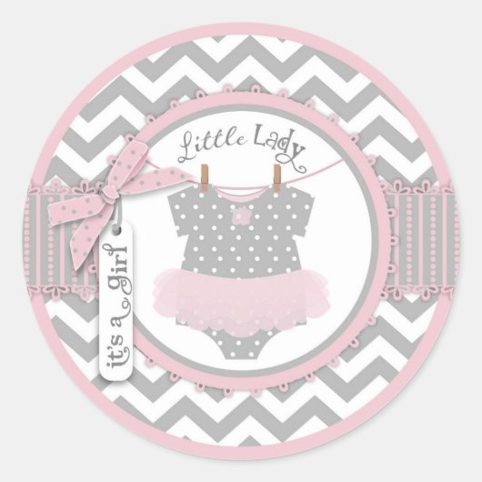 Roze Tutu & Chevron Print Baby shower Ronde Sticker (Voorkant)
