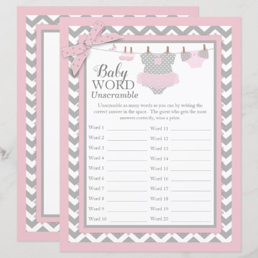 Roze Tutu Chevron Print Baby shower Word Scramble (Voorkant / Achterkant)