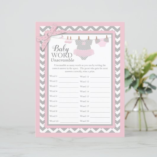 Roze Tutu Chevron Print Baby shower Word Scramble (Staand voorkant)