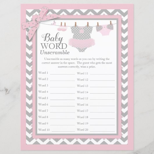 Roze Tutu Chevron Print Baby shower Word Scramble (Voorkant)