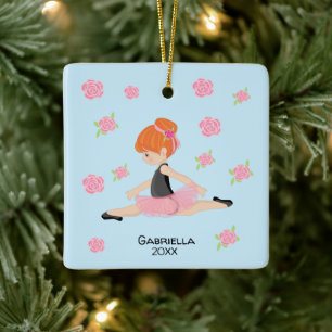 Roze Tutu Red Haire Ballerina Kerstmis Keramisch Ornament