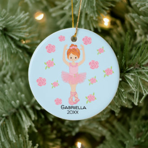 Roze Tutu Red Haire Ballerina Kerstmis Keramisch Ornament