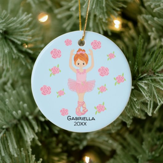Roze Tutu Red Haire Ballerina Kerstmis Keramisch Ornament (Boom)