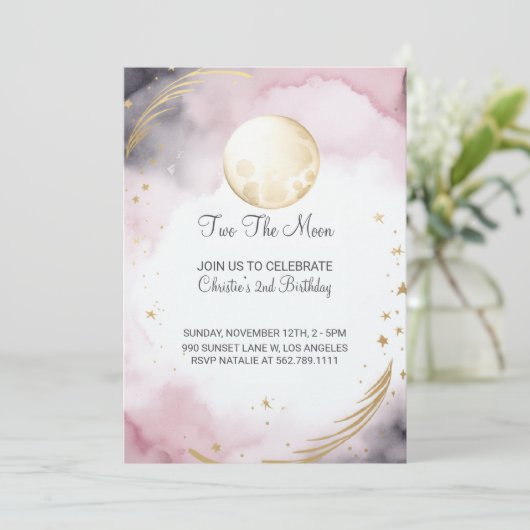 Roze Twee De Maan 2e Verjaardag Uitnodiging (Staand voorkant)