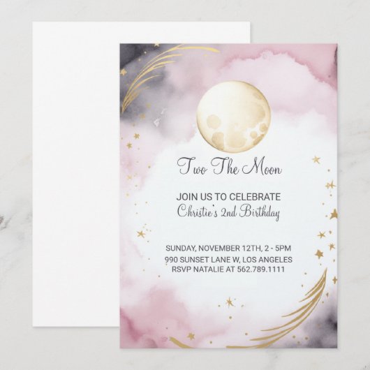 Roze Twee De Maan 2e Verjaardag Uitnodiging (Voorkant / Achterkant)