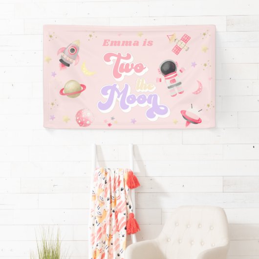Roze twee de Maan Space Birthday Spandoek (Insitu)
