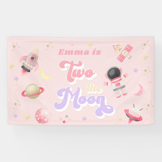 Roze twee de Maan Space Birthday Spandoek (Horizontaal)