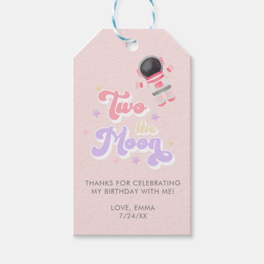 Roze twee de Moon Space Birthday Favors Cadeaulabel (Voorkant)