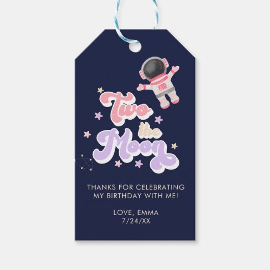 Roze twee de Moon Space Birthday Favors Cadeaulabel (Voorkant)