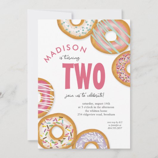 Roze Twee Donut Tweede Verjaardagsfeestje Kaart (Voorkant)