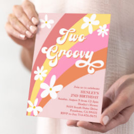 Roze Twee Groovy Retro Daisies Regenboog Verjaarda Kaart