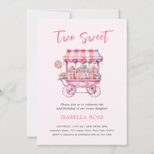 Roze Twee Lief Snoep 2e Verjaardagsuitnodiging Kaart (Voorkant)