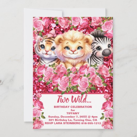 Roze Twee Wild 2 Jaar Oude Meisje Verjaardagsfeest Kaart (Voorkant)