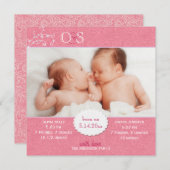 Roze Tweeling Meisjes Fotogeboorte Aankondiging (Voorkant / Achterkant)