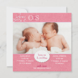 Roze Tweeling Meisjes Fotogeboorte Aankondiging