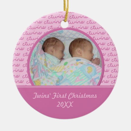 Roze tweelingen eerste kerstfoto-versiering keramisch ornament (Voorkant)