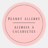 Roze Tweetalige pinda Allergie Alert Spaans Ronde Sticker (Voorkant)