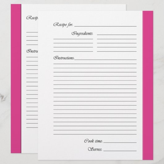 Roze tweezijdige Recipe Pages (Voorkant / Achterkant)