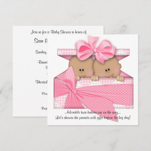 Roze TWIN Baby shower Uitnodiging Afrikaans-Amerik (Voorkant / Achterkant)
