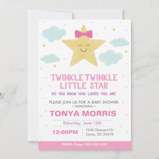Roze Twinkle Little Star Baby shower Invitation Kaart (Voorkant)