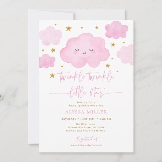 Roze Twinkle Star Cloud Baby Sprinkle Kaart (Voorkant)