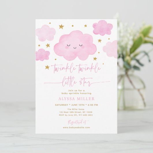 Roze Twinkle Star Cloud Baby Sprinkle Kaart (Staand voorkant)