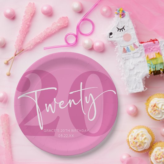 Roze Twintigste Twintigste Twintigste Verjaardagsf Papieren Bordje (Feest)