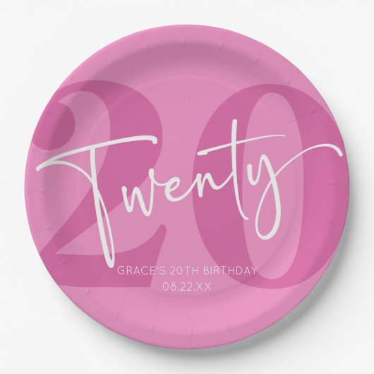 Roze Twintigste Twintigste Twintigste Verjaardagsf Papieren Bordje (Voorkant)